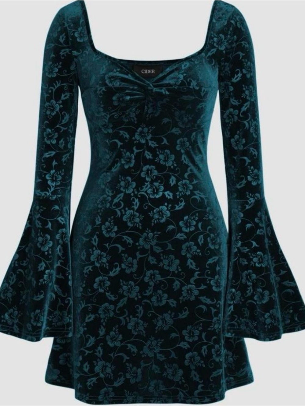 Cider NWT L Teal Floral Velvet Bell-Sleeve Mini Dress